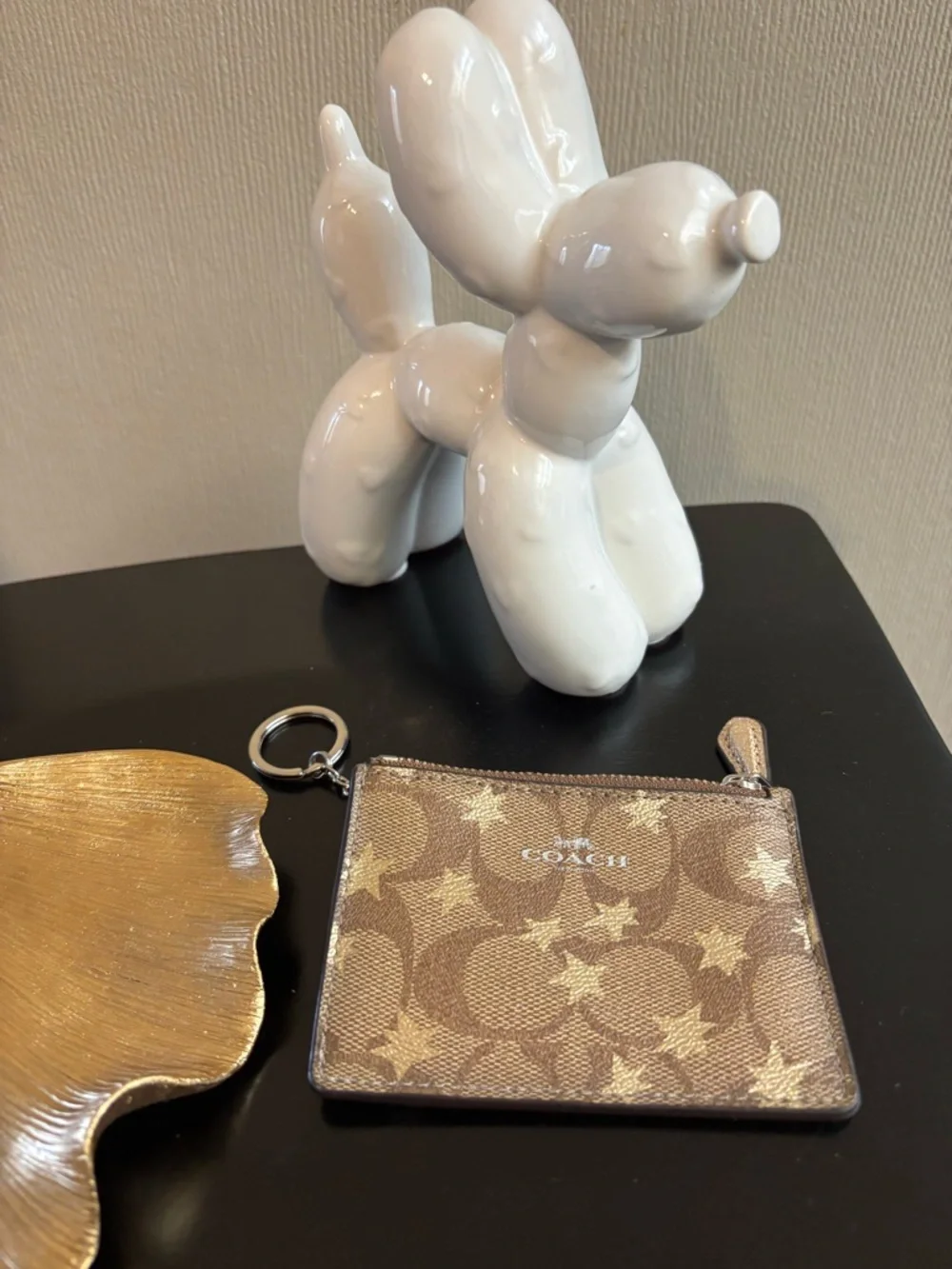 Coach Brown Canvas Star Zip Card Case with Gold Stars